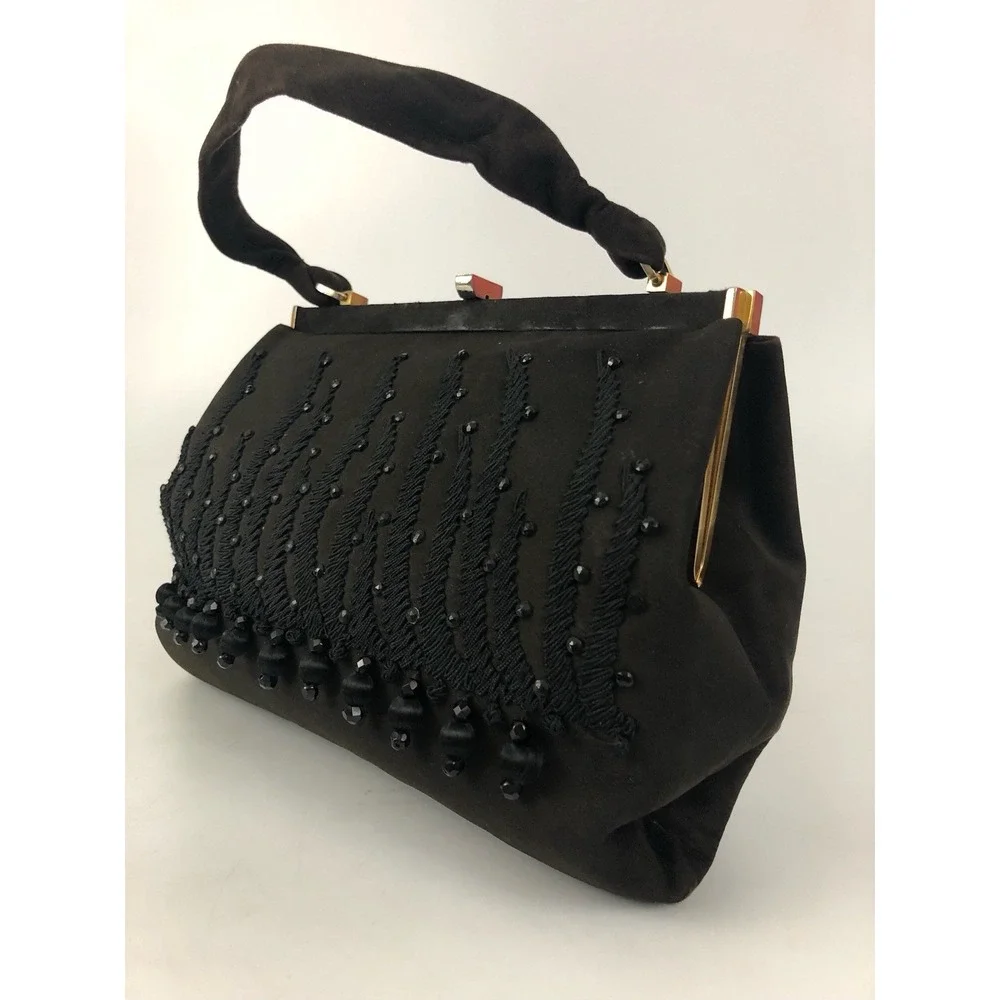 Vintage 50's/60's Beaded Fringe Purse‎ Evening Bag Chocolate Brown & Black Spain